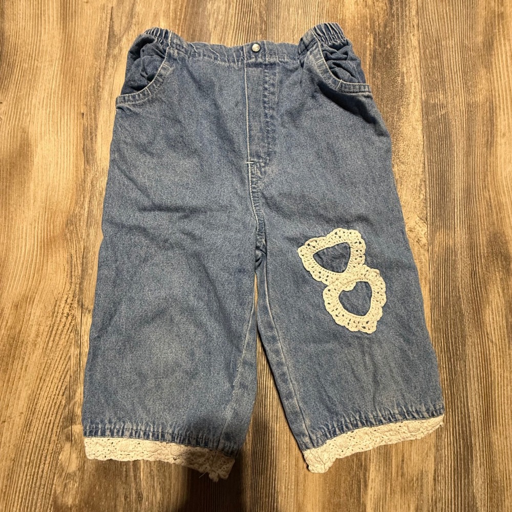 Vintage Sesame Street Denim Capris Blue Crochet Lace Cottagecore 4T